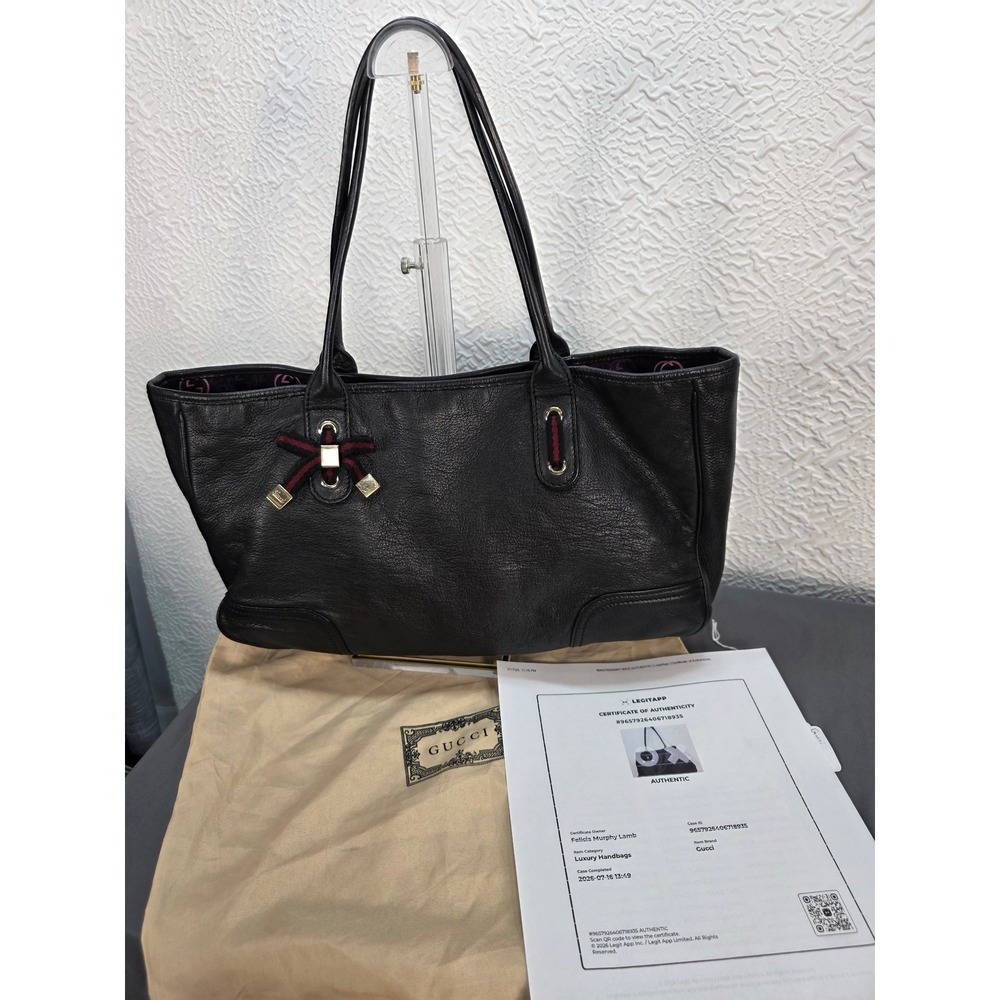 Gucci Princy Tote Bag Women Medium Black Leather Good Web Bow Shoulder Bag